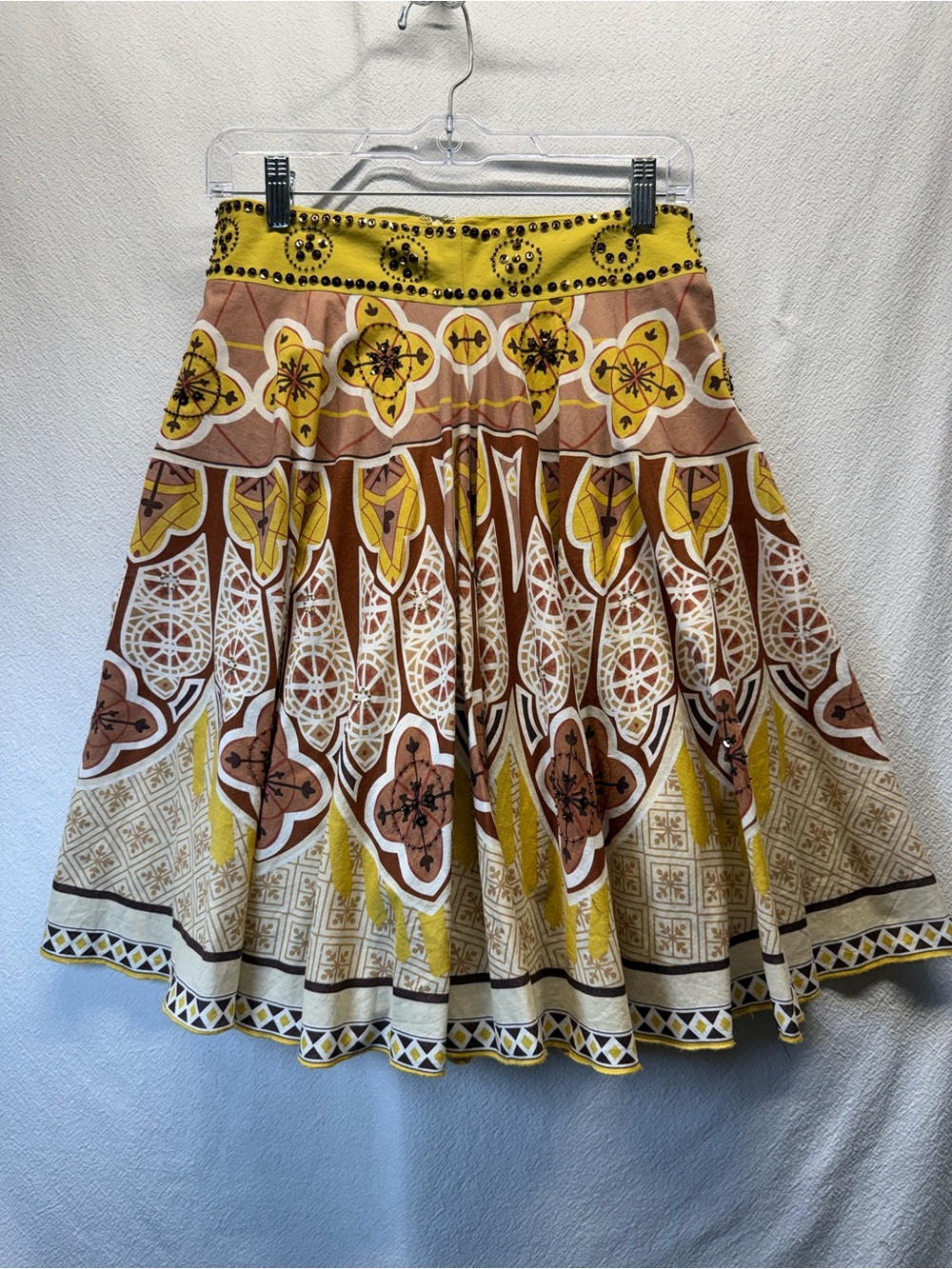 Anthropologie Little Blue Bird Yellow, Brown & White Patterned Beaded Skirt BOHO